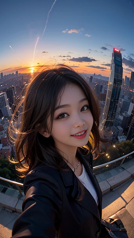 One girl, Korean, Fisheye Lens, Selfie, Wind, Messy Hair, sunset, Cityscape, (Aesthetics and atmosphere:1.2),smile