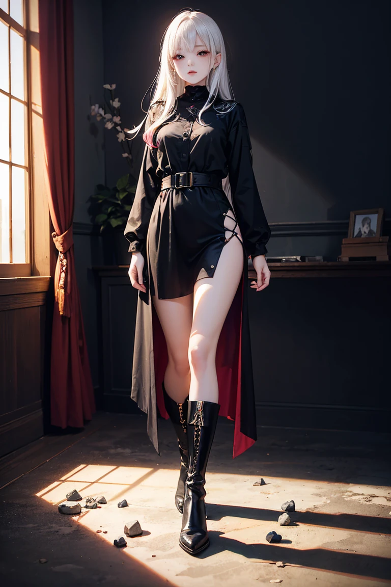 Girl with long white hair down to her waist, with small red details, red eyes, long black dress with a leg slit, with red details, long black boots up to below the knees, white skin, the ground around her is cracking and small stones are floating around her surrounded by a black aura, she is surrounded by shadows, and the background is dark like the night with the universe and stars, her presence causes fear, her shadow appears to be a monster, 8k, high quality, full body, (ultra-realistic), {extremely detailed 8k CG unit wallpaper}, expansive landscape photograph, (light: 2.0), (warm light source: 1.5), complex details, (iridescent colors: 1.5), (bright lighting), (atmospheric lighting), surreal, impressive, fantasy, (Solo: 1.2)
