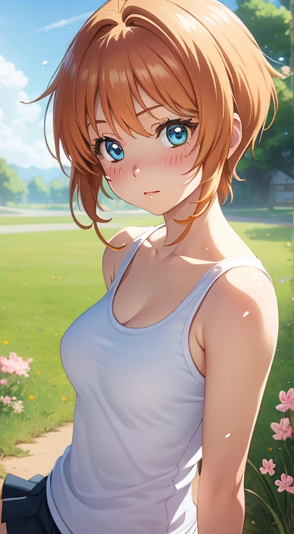 masterpiece, Best Quality, High resolution, pixel perfect, depth of field, 1 girl, single, Alone, beautiful anime girl, beautiful artistic style, cartoon character, (realistic eyes:1.2), (pretty eyes:1.2), (detailed face), (blush:1.2), (cg anime style), (medium breasts), good lighting, dynamic angle, perfect body, lips parted, (Sakura Kinomoto), grass, (animator), diaphragm, neckline, sneakers