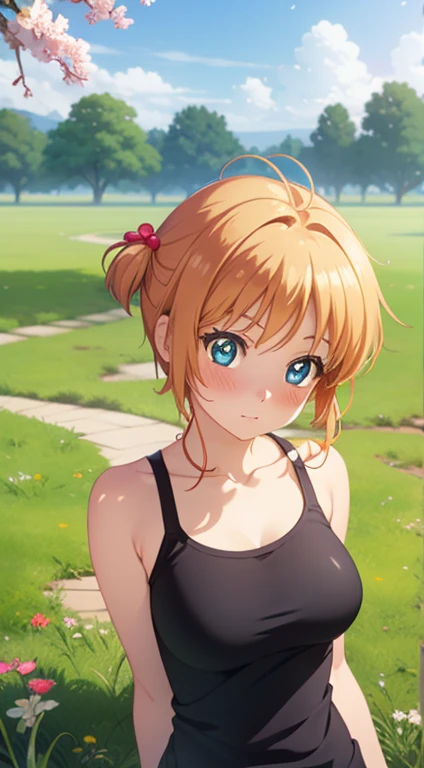 masterpiece, Best Quality, High resolution, pixel perfect, depth of field, 1 girl, single, Alone, beautiful anime girl, beautiful artistic style, cartoon character, (realistic eyes:1.2), (pretty eyes:1.2), (detailed face), (blush:1.2), (cg anime style), (medium breasts), good lighting, dynamic angle, perfect body, lips parted, (Sakura Kinomoto), grass, (animator), diaphragm, neckline, sneakers