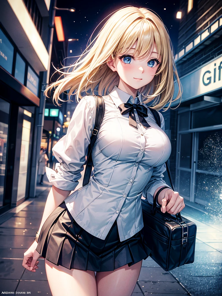 Anime style, super fine illustration, highly detailed, beautiful detailed, pale tone image, static representation, gentle expression, 8k, pretty 1girl with blonde straight short hair & blue eyes & a bright smile & full bust & soft fair skin is wearing big white business shart not to show her skin & black tight skirt & 1business bag, on the business building street, in the morning, brilliant particles of lights, romantic stories, solo, perfect 5fingers, perfect arms, perfect legs, masterpiece.