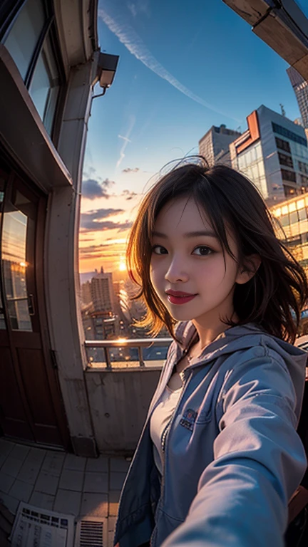 One girl, Korean, Fisheye Lens, Selfie, Wind, Messy Hair, sunset, Cityscape, (Aesthetics and atmosphere:1.2),smile