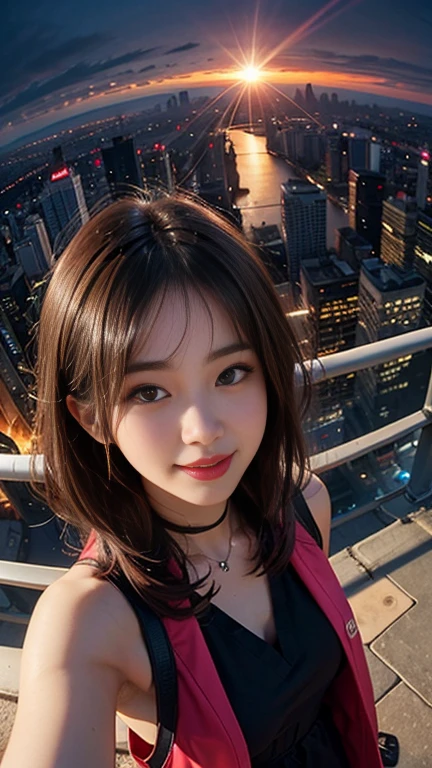 One girl, Korean, Fisheye Lens, Selfie, Wind, Messy Hair, sunset, Cityscape, (Aesthetics and atmosphere:1.2),smile
