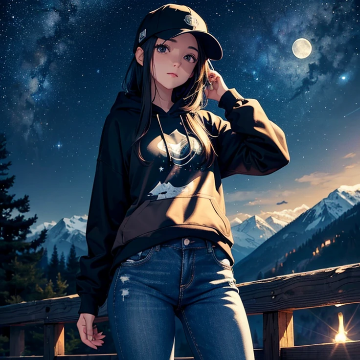 ((best quality)), ((masterpiece)), (detailed), 1 girl , black hoodie , black cap , standing position , facing backward , starry night background , mountain background , night time , jeans , cap covering the face , full moon background , night forest 