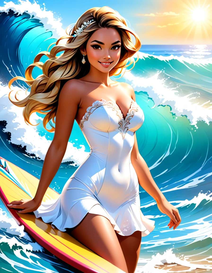 a portrait of a bride surfing the waves, on a sunny day in ocean, an exotic beautiful bride, ((anatomically correct: 1.5)) ultra detailed face, dynamic hair color, dynamic hair style, dynamic skin complexion, (best detailed face: 1.5), busty wearing intricate, elegant bride's dress, glamour bride dress, barefoot, she is surfing an (surf board: 1.3) she surfs a massive wave, sunny day, sun rays, some clouds, wavy ocean background, vibrant, Ultra-high resolution, High Contrast, (masterpiece:1.5), highest quality, Best aesthetics), best details, best quality, highres, 16k, (ultra detailed: 1.5), masterpiece, best quality, (extremely detailed) RAW, (ultra details, Masterpiece, best quality), Dark Art Painting Style, ba11g0wn, Cinematic Hollywood Film