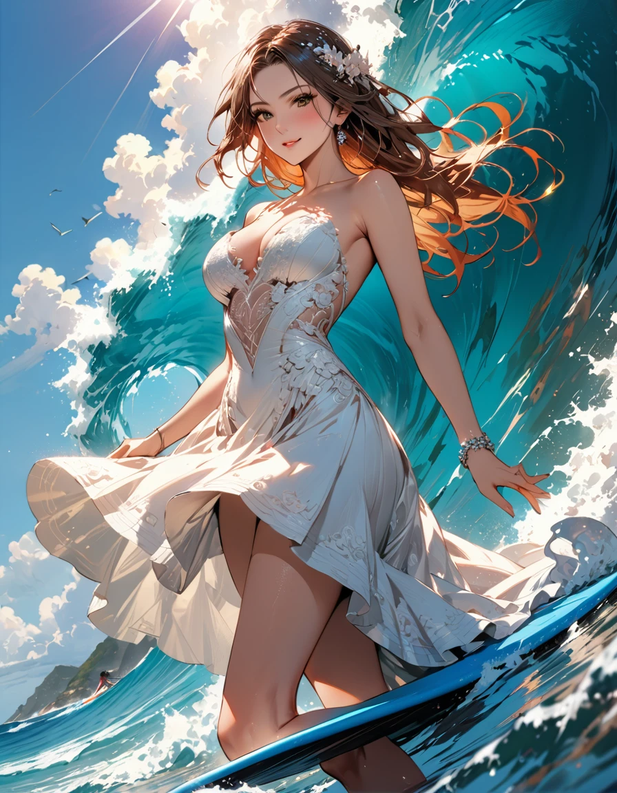 a portrait of a bride surfing the waves, on a sunny day in ocean, an exotic beautiful bride,   ((anatomically correct: 1.5)) ultra detailed face, dynamic hair color, dynamic hair style, dynamic skin complexion, (best detailed face: 1.5), busty wearing intricate, elegant bride's dress, glamour bride dress, barefoot, she is surfing an (surf board: 1.3) she surfs a massive wave, sunny day, sun rays, some clouds, wavy ocean background, vibrant, Ultra-high resolution, High Contrast, (masterpiece:1.5), highest quality, Best aesthetics), best details, best quality, highres, 16k, (ultra detailed: 1.5), masterpiece, best quality, (extremely detailed) RAW, (ultra details, Masterpiece, best quality), Dark Art Painting Style, ba11g0wn, Cinematic Hollywood Film