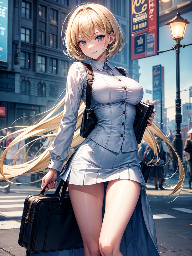 Anime style, super fine illustration, highly detailed, beautiful detailed, pale tone image, static representation, gentle expression, 8k, pretty 1girl with blonde straight short hair & blue eyes & a bright smile & full bust & soft fair skin is wearing big white business shart not to show her skin & black tight skirt & 1business bag, on the business building street, in the morning, brilliant particles of lights, romantic stories, solo, perfect 5fingers, perfect arms, perfect legs, masterpiece.