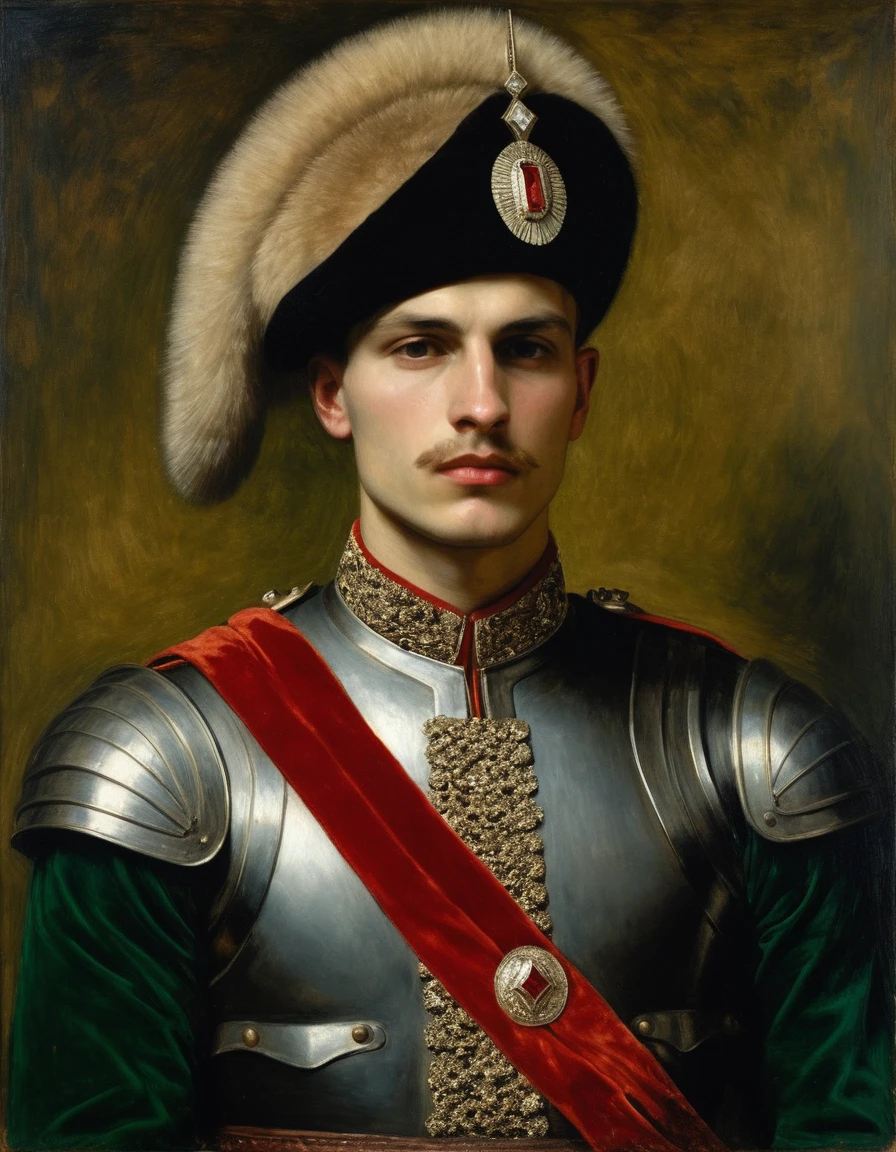 {{Masterpiece, best quality, oil painting, by Franz von Stuck, male focus, muted colors}}, the composition is: (((a dramatic half body portrait of a 20 years old ancient Praetorian guard, sexy, bronze skin, magnificent, wearing a beige Russian fur hat, he is wearing a red diamond shape pendant))). ((((He is wearing a dark green lorica uniform made of velvet and alligator leather with ronin inspired elements, Slavic inspired elements, wearing a satin sash))).