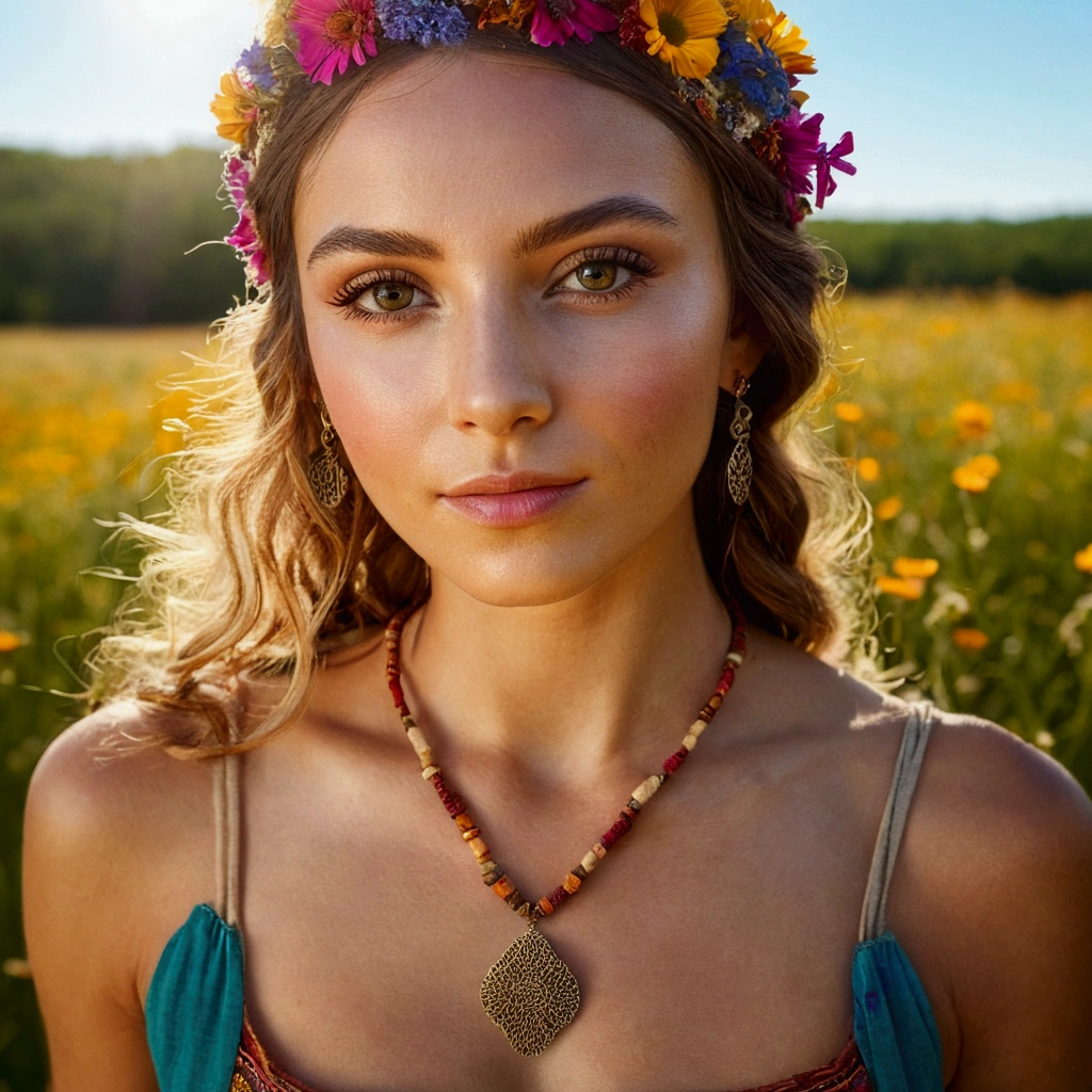 A woman’s lifelike portrait showcasing her vibrant personality, adorned in bohemian attire with intricate patterns. The setting is a sunlit meadow filled with wildflowers, enhancing the natural and organic feel. — ar 3:4 — stylize 250 — style raw — v 6