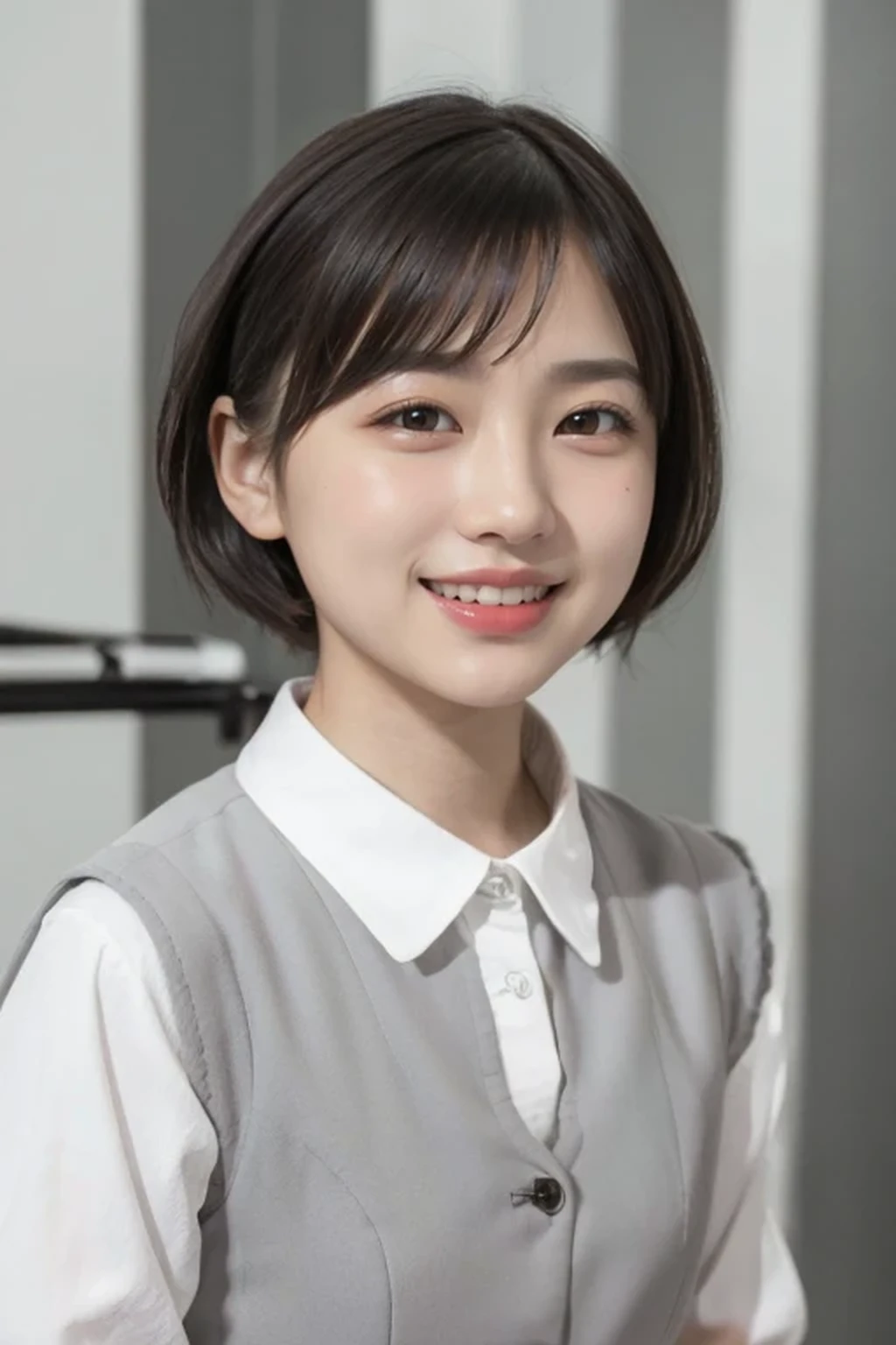 (Desaturated tones:1.3), 8k, RAW photo, best quality, masterpiece, realistic, photo-realistic, clear, beautiful face, no makeup, best quality, ultra high res, BREAK, Japanese cute girl, , (very short cut hair:1.2), smile, standing