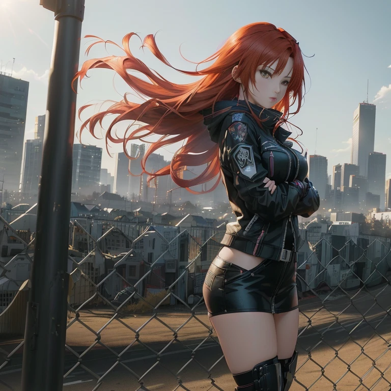 anime girl with red hair standing in front of a fence, badass anime 8 k, anime style 4 k, 4k anime wallpaper, anime concept hdr anime macmanus, city in the background, female action anime girl, anime wallpaper 4 k, anime art wallpaper 4 k, anime wallpaper 4k, anime art wallpaper 4k, anime art wallpaper 8 k