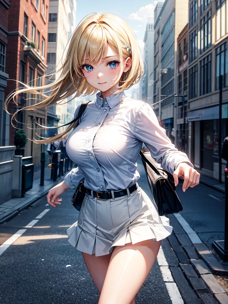 Anime style, super fine illustration, highly detailed, beautiful detailed, pale tone image, static representation, gentle expression, 8k, pretty 1girl with blonde straight short hair & blue eyes & a bright smile & full bust & soft fair skin is wearing big white business shart not to show her skin & black tight skirt & 1business bag, on the business building street, in the morning, brilliant particles of lights, romantic stories, solo, perfect 5fingers, perfect arms, perfect legs, masterpiece.