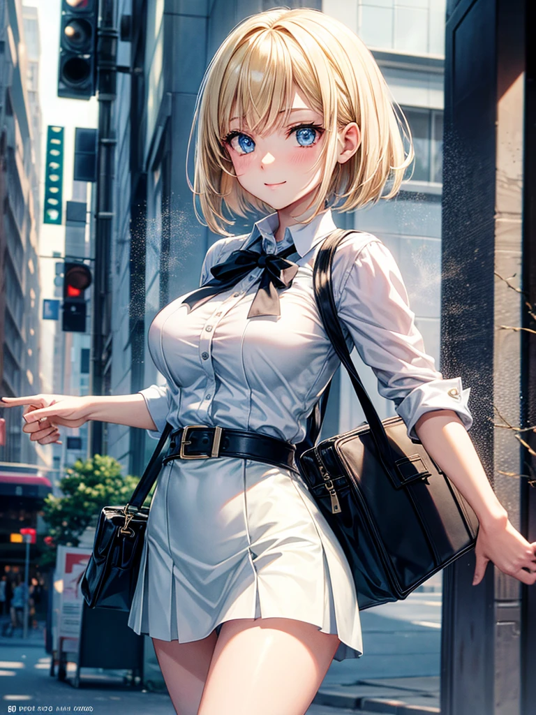 Anime style, super fine illustration, highly detailed, beautiful detailed, pale tone image, static representation, gentle expression, 8k, pretty 1girl with blonde straight short hair & blue eyes & a bright smile & full bust & soft fair skin is wearing big white business shart not to show her skin & black tight skirt & 1business bag, on the business building street, in the morning, brilliant particles of lights, romantic stories, solo, perfect 5fingers, perfect arms, perfect legs, masterpiece.