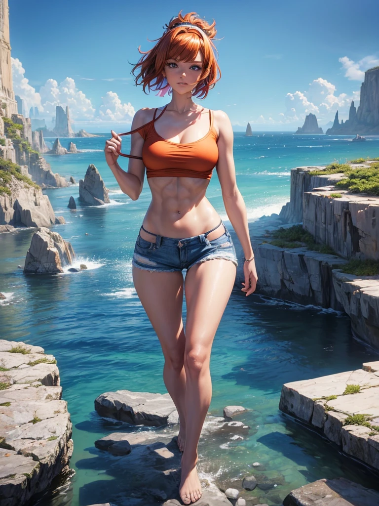 Concept art, wisps of overhead angle, wearing funny Somali emerald dark orange pinafort, caramel hair styling for short hair, fluorescent purple headband, wearing an ultra-short white loose T-shirt, sexy collarbone, bare shoulders, breast details, beautiful abs in the open air, wearing ultra-short denim hot pants, beautiful legs, beautiful knees, perfect figure, equirectangular columnar 360, high resolution, [(Willie Baumeister's art: 1.1), elevation angle 30° shooting, (Art by John T. Biggs: 1.2)::17], Official Art, Unity 8k wallpaper, ultra detail, aesthetics, masterpiece, best quality, realistic