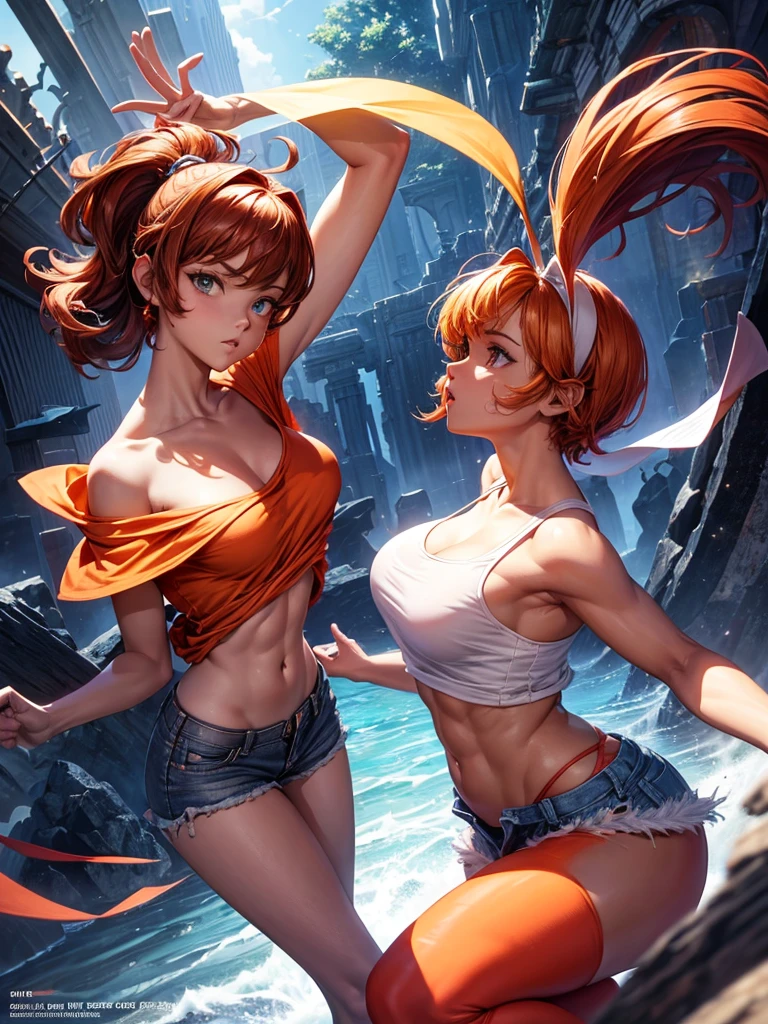 Concept art, wisps of overhead angle, wearing funny Somali emerald dark orange pinafort, caramel hair styling for short hair, fluorescent purple headband, wearing an ultra-short white loose T-shirt, sexy collarbone, bare shoulders, breast details, beautiful abs in the open air, wearing ultra-short denim hot pants, beautiful legs, beautiful knees, perfect figure, equirectangular columnar 360, high resolution, [(Willie Baumeister's art: 1.1), elevation angle 30° shooting, (Art by John T. Biggs: 1.2)::17], Official Art, Unity 8k wallpaper, ultra detail, aesthetics, masterpiece, best quality, realistic