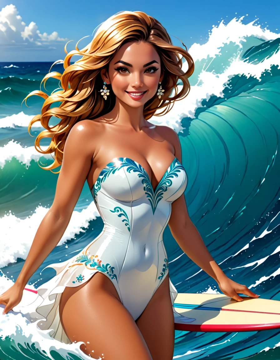 a portrait of a bride surfing the waves, on a sunny day in ocean, an exotic beautiful bride, ((anatomically correct: 1.5)) ultra detailed face, dynamic hair color, dynamic hair style, dynamic skin complexion, (best detailed face: 1.5), busty wearing intricate, elegant bride's dress, glamour bride dress, barefoot, she is surfing an (surf board: 1.3) she surfs a massive wave, sunny day, sun rays, some clouds, wavy ocean background, vibrant, Ultra-high resolution, High Contrast, (masterpiece:1.5), highest quality, Best aesthetics), best details, best quality, highres, 16k, (ultra detailed: 1.5), masterpiece, best quality, (extremely detailed) RAW, (ultra details, Masterpiece, best quality), Dark Art Painting Style, ba11g0wn, Cinematic Hollywood Film