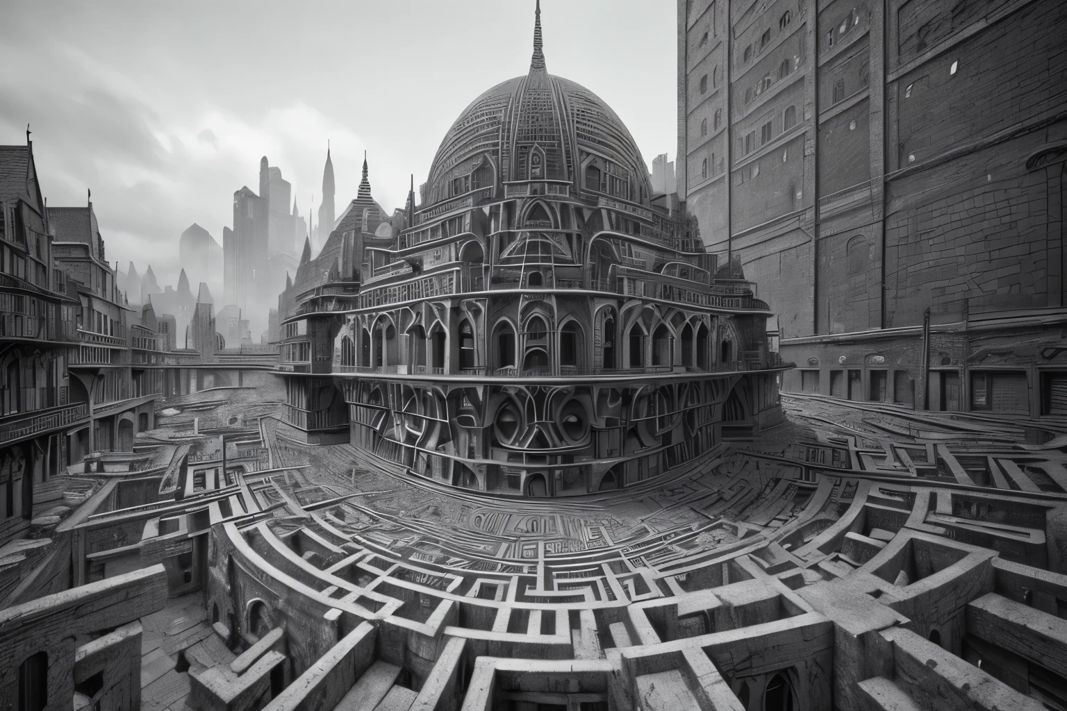 ((best quality)), ((masterpiece)), (detailed), (best quality,4k,8k,highres,masterpiece:1.2),ultra-detailed,(realistic,photorealistic,photo-realistic:1.37),complex intricate architectural structures,Escher style building,surreal medieval arabic city,impossible geometry,gravity-defying architecture,abstract pattern complexity,striking visual illusion,mesmerizing maze-like design,dreamlike architectural elements,intricate three-dimensional tessellations,optical illusion buildings,incredible depth perception,hypnotizing architectural labyrinth,surreal and mind-bending cityscape,intricately intertwined structures, black and white, grey scale