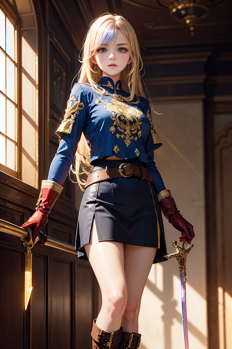 20-year-old girl, long blonde hair, blue eyes, angry expression, long dark blue skirt with gold embroidery at the hem, old-fashioned blue blouse with long fitted sleeves, adorned with red details, red leather gloves that reach her elbows, dark brown leather boots that reach mid-calf, leather belt adorned with a golden buckle and red details, her weapon is a huge greatsword with a gold and red decorated handle, hanging on her back in an ornate sheath, 8k, high quality, full body, (ultra-realistic), {extremely detailed 8k CG unit wallpaper}, expansive landscape photograph, (a view from below showing the grandeur of the character, wide open field view), (light: 2.0), (warm light source: 1.5), complex details, (iridescent colors: 1.5), (bright lighting), (atmospheric lighting), surreal, impressive, fantasy, (Solo: 1.2)