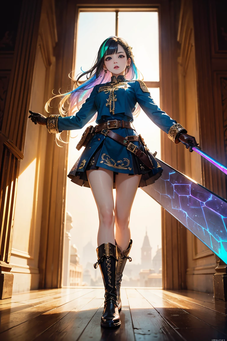 20-year-old girl, long blonde hair, blue eyes, angry expression, long dark blue skirt with gold embroidery at the hem, old-fashioned blue blouse with long fitted sleeves, adorned with red details, red leather gloves that reach her elbows, dark brown leather boots that reach mid-calf, leather belt adorned with a golden buckle and red details, her weapon is a huge greatsword with a gold and red decorated handle, hanging on her back in an ornate sheath, 8k, high quality, full body, (ultra-realistic), {extremely detailed 8k CG unit wallpaper}, expansive landscape photograph, (a view from below showing the grandeur of the character, wide open field view), (light: 2.0), (warm light source: 1.5), complex details, (iridescent colors: 1.5), (bright lighting), (atmospheric lighting), surreal, impressive, fantasy, (Solo: 1.2)