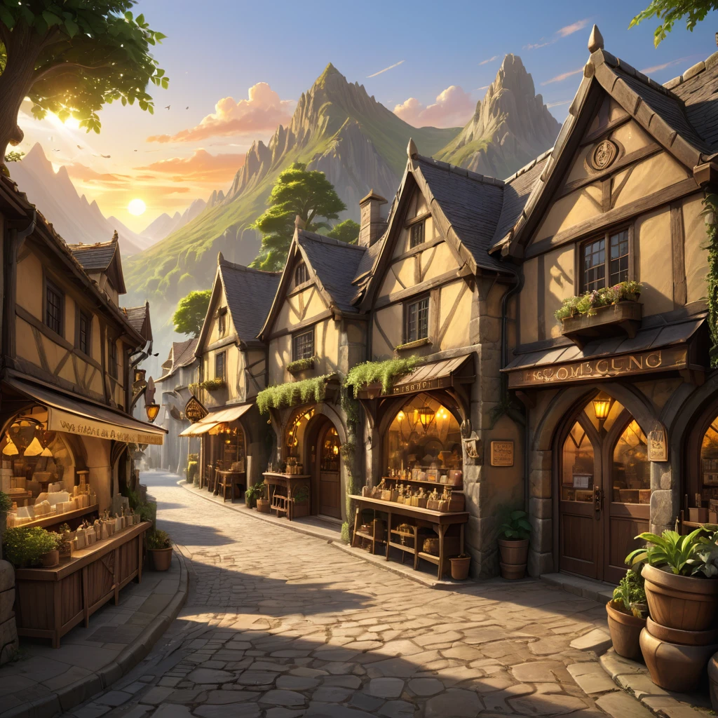 anime background, anime wallpaper, anime, anime style, lofi, lofi style, medieval street, mountains, uphill, medieval architecture, medieval convenience store, big retro medieval shop signs, retro medieval store, trees, plants, rocks, plant pots, shop signs, medieval banners like (guild, blacksmith, alchemist, restaurant), medieval signs, flags, sunrise, golden hour, golden lighting, empty street, no one in sight (no one: 1)