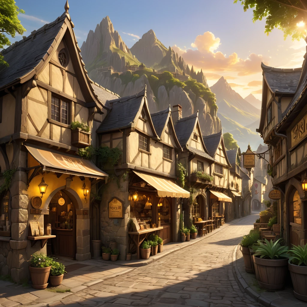 anime background, anime wallpaper, anime, anime style, lofi, lofi style, medieval street, mountains, uphill, medieval architecture, medieval convenience store, big retro medieval shop signs, retro medieval store, trees, plants, rocks, plant pots, shop signs, medieval banners like (guild, blacksmith, alchemist, restaurant), medieval signs, flags, sunrise, golden hour, golden lighting, empty street, no one in sight (no one: 1)