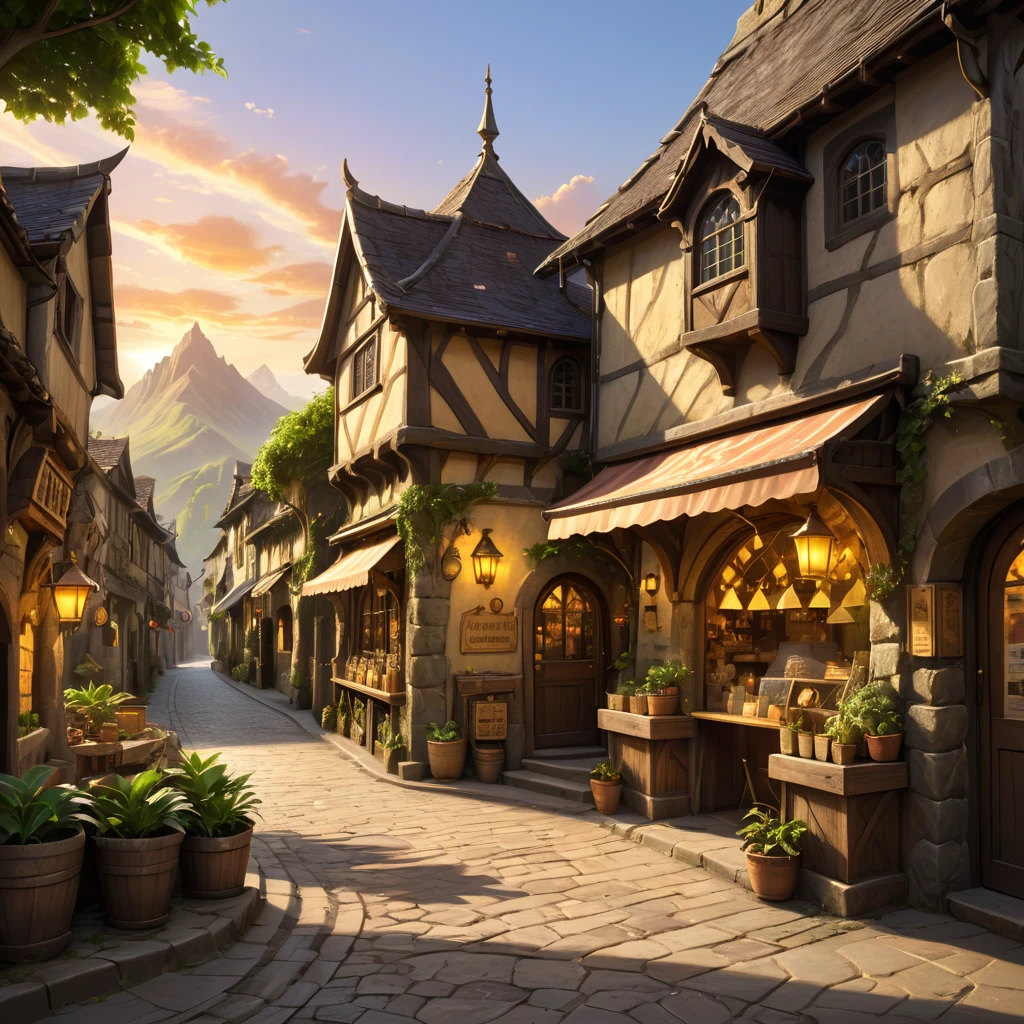 anime background, anime wallpaper, anime, anime style, lofi, lofi style, medieval street, mountains, uphill, medieval architecture, medieval convenience store, big retro medieval shop signs, retro medieval store, trees, plants, rocks, plant pots, shop signs, medieval banners like (guild, blacksmith, alchemist, restaurant), medieval signs, flags, sunrise, golden hour, golden lighting, empty street, no one in sight (no one: 1)
