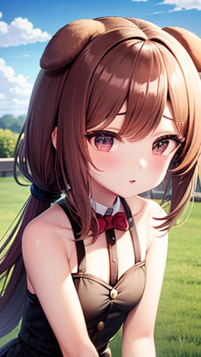 Rosebud air buddies, golden brown hair, black eyes, bob hair, forehead, pink hair bow, dog ears, dog tail, dog nose, small chests, golden brown dress, sleeveless, outdoors, closed mouth, sky, cloudy sky, anime waifu style