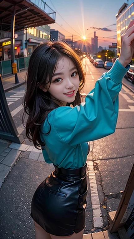 One girl, Korean, Fisheye Lens, Selfie, Wind, Messy Hair, sunset, Cityscape, (Aesthetics and atmosphere:1.2),smile