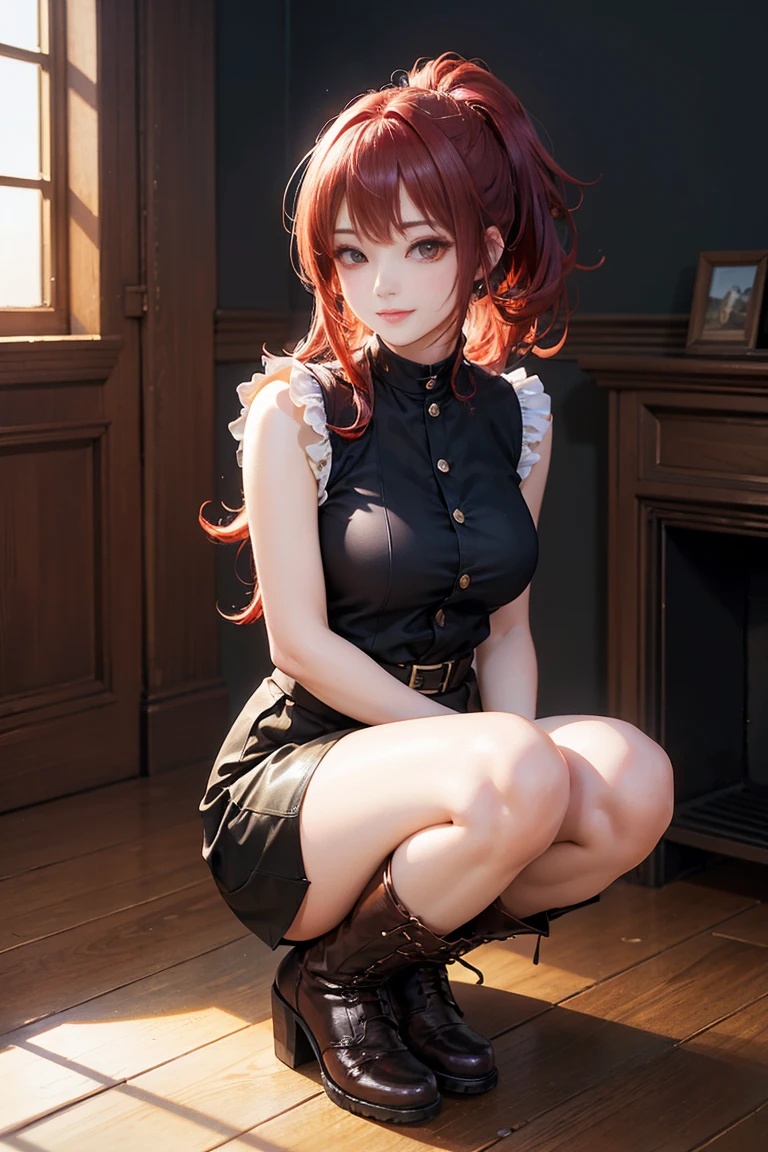 20 years old, long red hair, wears a ponytail, red eyes, always smiling. She dresses in an antique style, wearing a short brown skirt with black shorts underneath, ending above the knees. She wears knee-high brown boots. Her white blouse is sleeveless and features red details. She possesses fire powers and has a fire-themed background. 8k, high quality, full body, (ultra-realistic), {extremely detailed 8k CG unit wallpaper}, expansive landscape photograph, , (light: 2.0), (warm light source: 1.5), complex details, (iridescent colors: 1.5), (bright lighting), (atmospheric lighting), surreal, impressive, fantasy, (Solo: 1.2)
