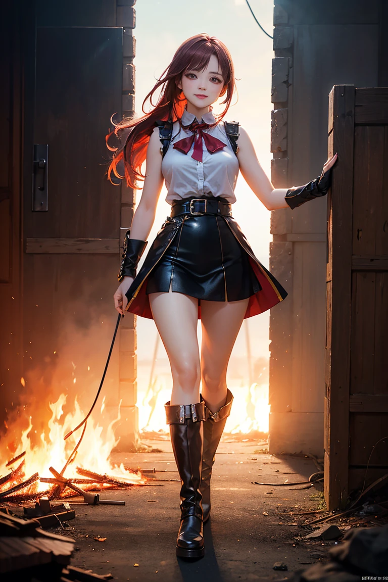 20 years old, long red hair, wears a ponytail, red eyes, always smiling. She dresses in an antique style, wearing a short brown skirt with black shorts underneath, ending above the knees. She wears knee-high brown boots. Her white blouse is sleeveless and features red details. She possesses fire powers and has a fire-themed background. 8k, high quality, full body, (ultra-realistic), {extremely detailed 8k CG unit wallpaper}, expansive landscape photograph, , (light: 2.0), (warm light source: 1.5), complex details, (iridescent colors: 1.5), (bright lighting), (atmospheric lighting), surreal, impressive, fantasy, (Solo: 1.2)