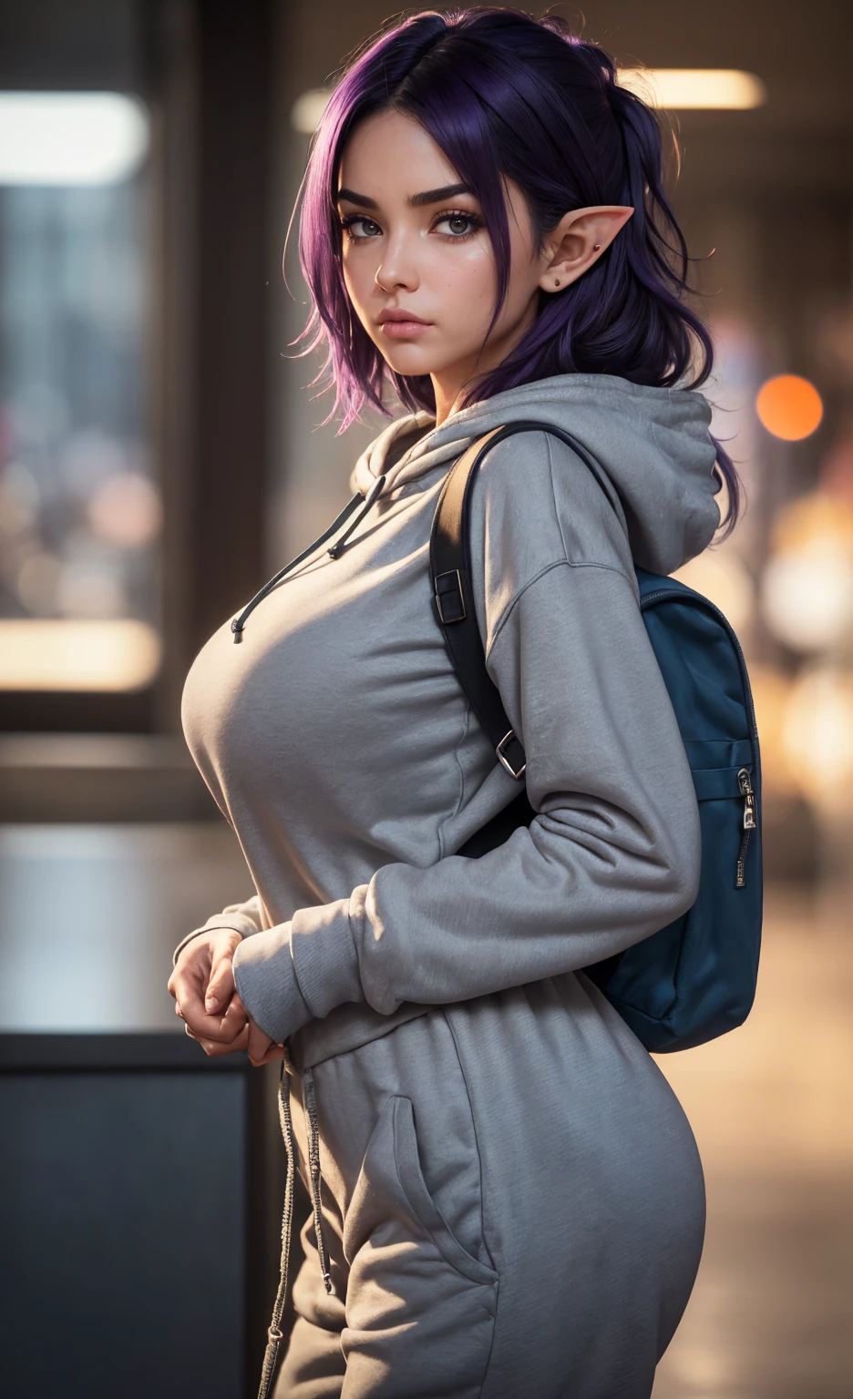(masterpiece), (extremely intricate:1.3), (realistic), portrait of a girl, (huge breasts:1.1), the most beautiful in the world, dark eyebrows, bright purple hair, (short very shaggy and messy hair:1.2), almond eyes, scowl, (annoyed pout:1.2), blushing heavily, (blue oversized baggy cosy hoodie), (grey joggers), (canvas sneakers), (backpack), (elf ears:1.1), tanned, detailed textures, indoors, bright sunlight, supermarket, professional photograph of a stunning woman detailed, looking at the camera, alluring stare, detailed eyes, sharp focus, dramatic, award winning, cinematic lighting, octane render unreal engine, volumetrics dtx, (film grain, blurry background, blurry foreground, bokeh, depth of field, motion blur:1.3)