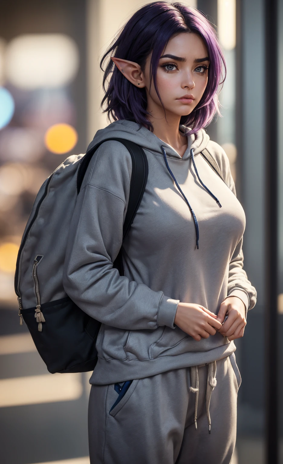(masterpiece), (extremely intricate:1.3), (realistic), portrait of a girl, (huge breasts:1.1), the most beautiful in the world, dark eyebrows, bright purple hair, (short very shaggy and messy hair:1.2), almond eyes, scowl, (annoyed pout:1.2), blushing heavily, (blue oversized baggy cosy hoodie), (grey joggers), (canvas sneakers), (backpack), (elf ears:1.1), tanned, detailed textures, indoors, bright sunlight, supermarket, professional photograph of a stunning woman detailed, looking at the camera, alluring stare, detailed eyes, sharp focus, dramatic, award winning, cinematic lighting, octane render  unreal engine,  volumetrics dtx, (film grain, blurry background, blurry foreground, bokeh, depth of field, motion blur:1.3)