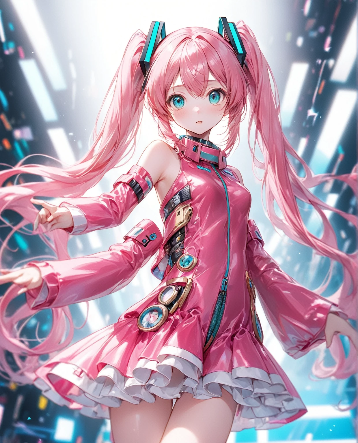 (Highest quality,8k,32K,masterpiece,Ultra-high resolution :1.2 ),born,One girl,Super cute,Natural light,Clear, shining eyes,20-year-old,Fair skin,Electronic world fantasy background,Pink Hair,Pink costume like Hatsune Miku,