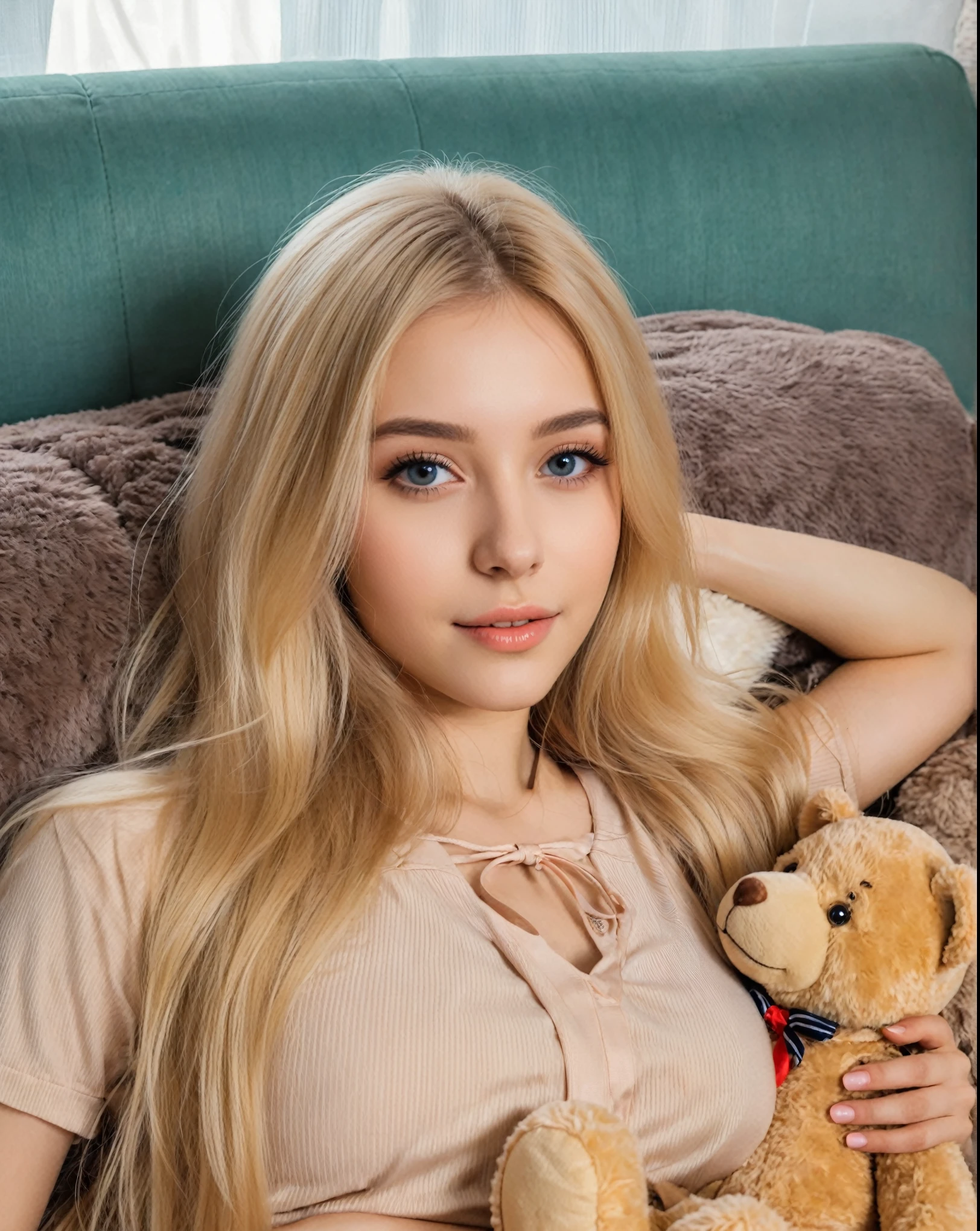 blonde woman with long hair lying on a sofa with a teddy bear, Anastasia Ovchinnikova aka Newmilky, 18 years, beautiful blonde girl, blonde girl, long blonde hair and big eyes, 19 year old girl,