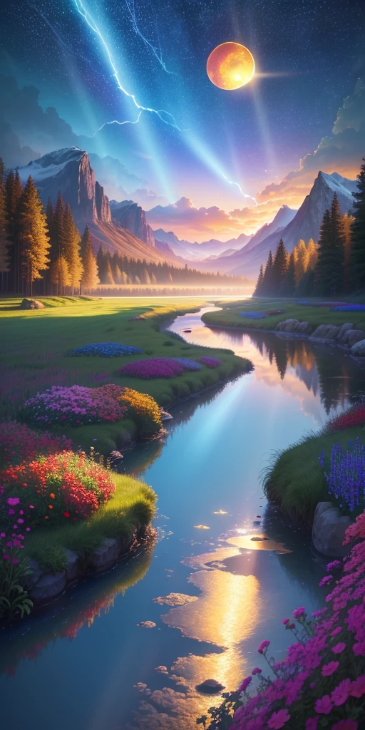 Masterpiece, 8k wallpapers, extremely detailed, best quality, high quality, landscapes. ((Colorful sky)), clouds, (((Full moon, nebula and background stars))), (high mountains), Panorama, , Detail enhancement, Detail enhancement, Flawless. Award-winning photography, Depth of field, HDR, Photorealism, Highly detailed, Intricate, High detail, Dramatic, ((color image)), ((single image)), night, realistic, ((vivid colors)), ((light rays, rays)), mini river, image reflecting in water,