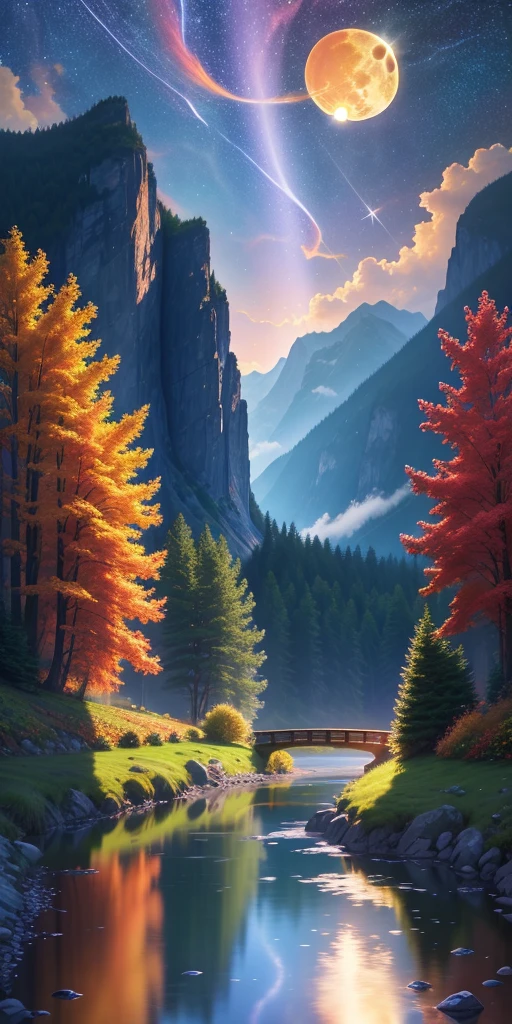Masterpiece, 8k wallpapers, extremely detailed, best quality, high quality, landscapes. ((Colorful sky)), clouds, (((Full moon, nebula and background stars))), (high mountains), Panorama, , Detail enhancement, Detail enhancement, Flawless. Award-winning photography, Depth of field, HDR, Photorealism, Highly detailed, Intricate, High detail, Dramatic, ((color image)), ((single image)), night, realistic, ((vivid colors)), ((light rays, rays)), mini river, image reflecting in water,