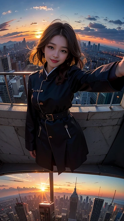 One girl, Korean, Fisheye Lens, Selfie, Wind, Messy Hair, sunset, Cityscape, (Aesthetics and atmosphere:1.2),smile