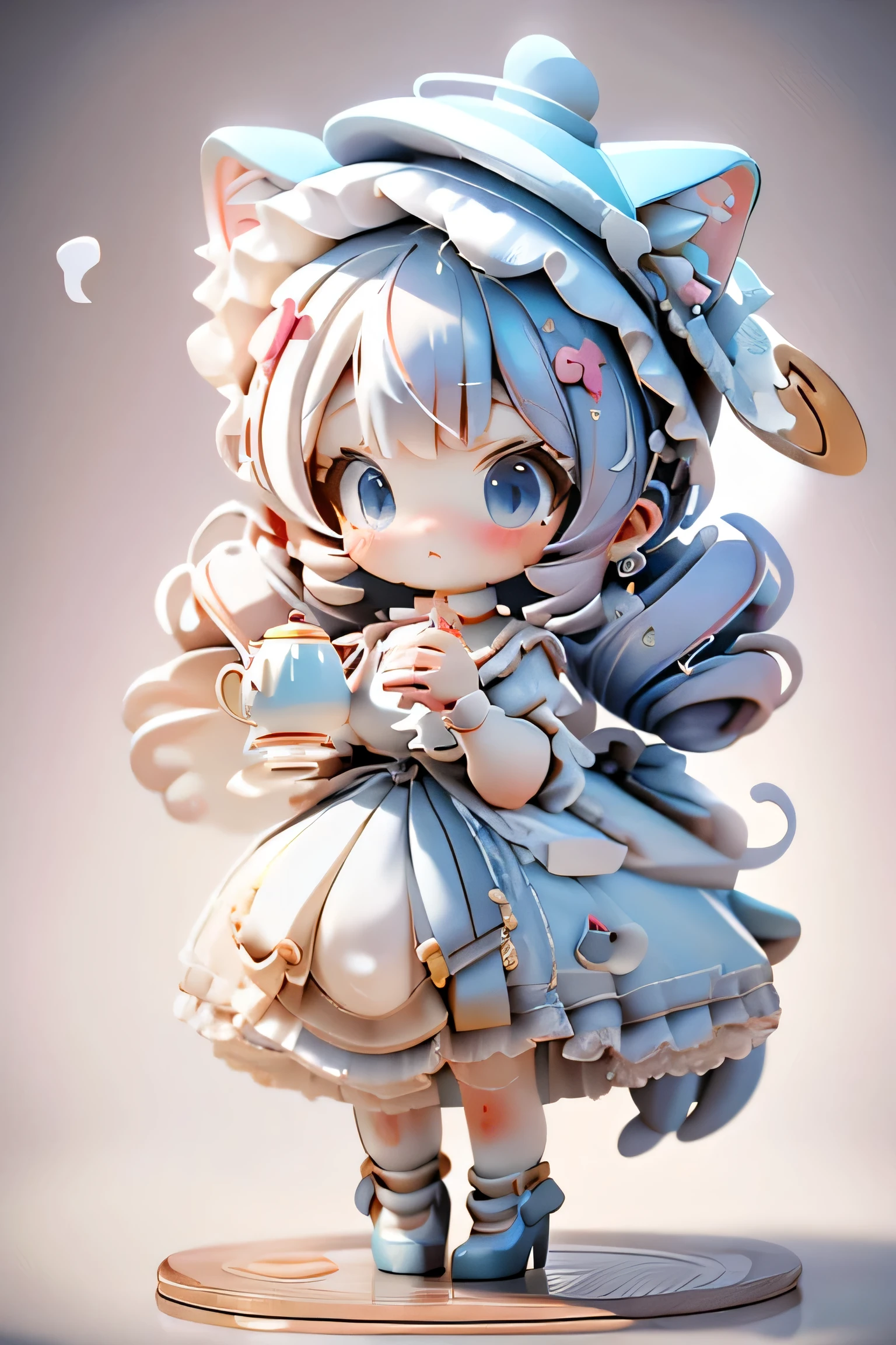 absurdres, (masterpiece:1.2), best quality, 1girl, solo, alone, cat paws, hands are paws, cat ears, lolita clothes, drill hair, felix cat girl, :3, lower body cat, BREAK, (((standing inside a giant teapot))), ((in a cup)),