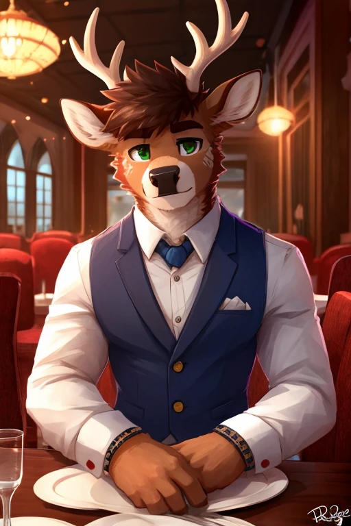 (great quality), deer, alone, detailed face, detailed body, 5 fingers, Detailed hands, green eyes, detailed eyes, short hair, 2 arms, brief, Whole body, formal, full focus, elegant restaurant, por pache riggs