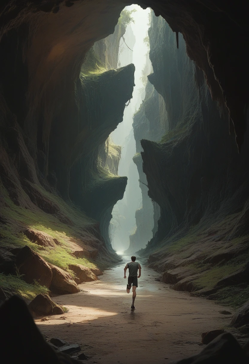Someone running through a cave to a light at the end of it