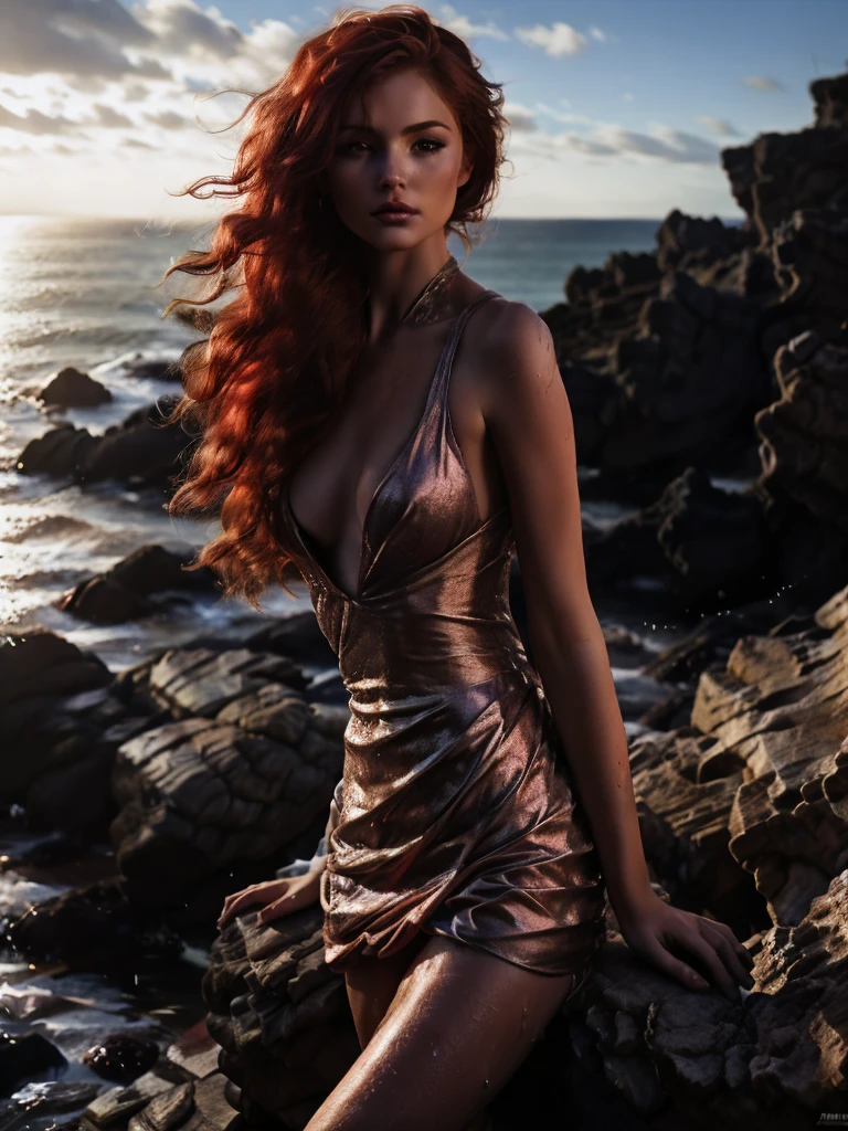 young and beautiful naked woman, In front of the photographer, sits on a rock by the sea and gets angry, wet dress, no bra, Beautiful face, dirty red hair, long hair, Very detailed, 4k, sexual lust in his eyes, legs slightly apart;