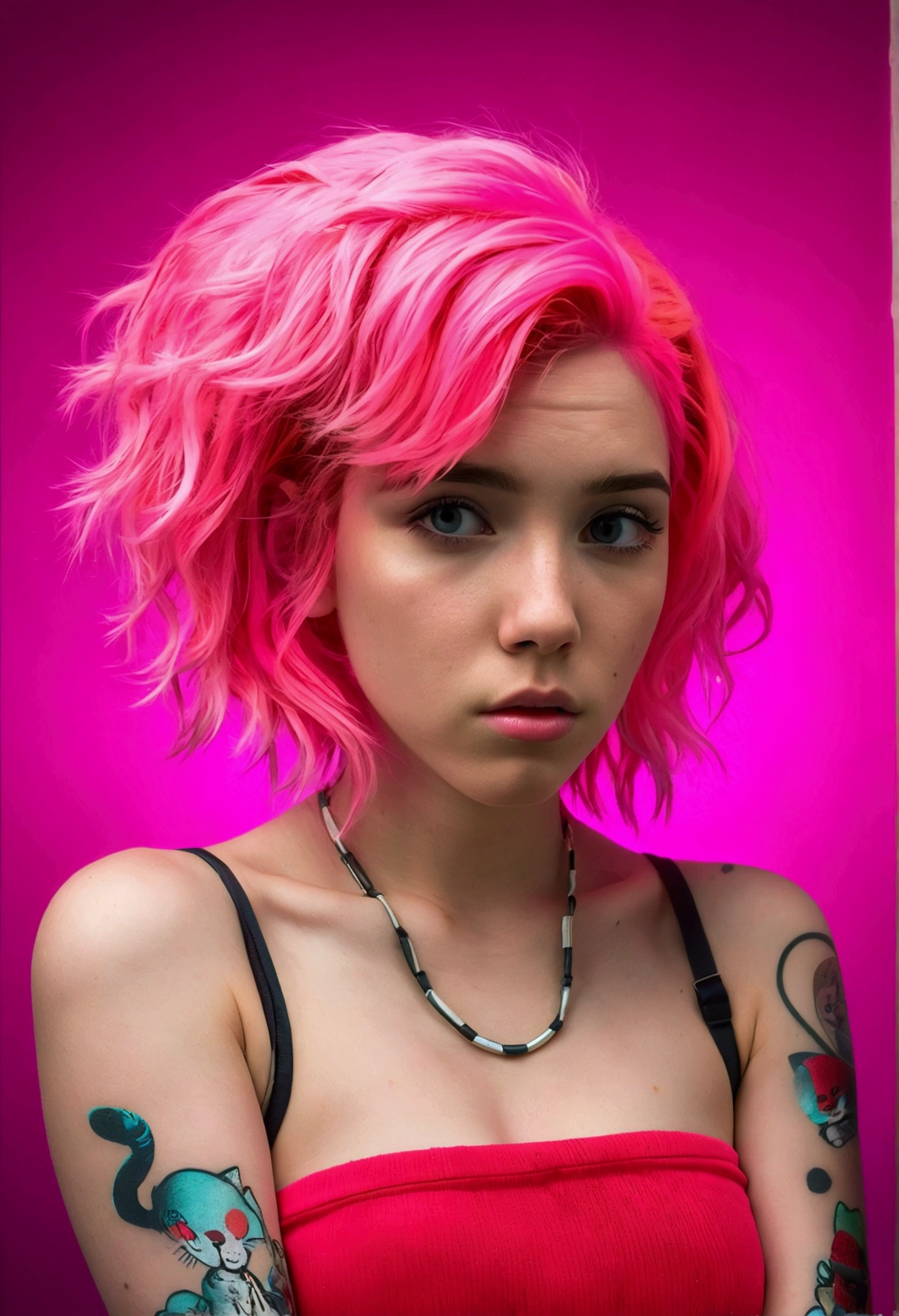 masterpiece, Highest quality, 4K, Realistic, Bokeh, Awareness-raising,1 perfect portrait of a girl, (A fascinating eye for perfect detail:1.2), Colorful Hair, (Gradient Hair), (Neon pink hair:1.6), (Cat ear), Fantasy Background, (Exposed bare shoulders), (Long-term alienation_sleeve), (Lean forward slightly), If you look up,hair ornaments,{shy},Please keep your mouth shut, Tilt your head, Cinema Lighting, Larger clothes, (Seductive pose:1.4), (neon pink background:1.6)