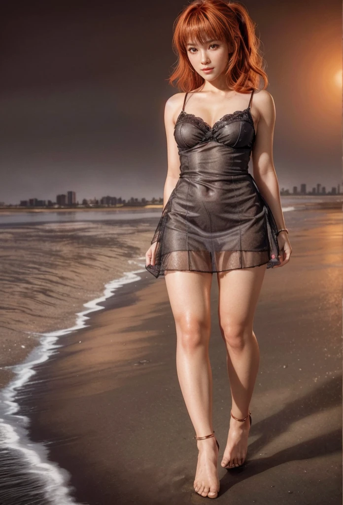 Kasumi, brown eyes, Red Hair, (best quality, ultra detail), (realistic:1.37), beautiful and detailed face, ultra-realistic texture, Delicate face, delicate body, red lipstick, bright colors. high definition, 8K. a soft, beautiful smile