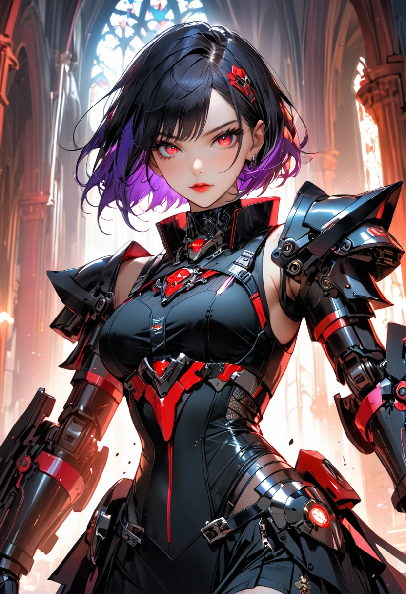 a portrait of mecha female vampire in a dark gothic cyberpunk church, an exotic exquisite beautiful mecha female vampire, dynamic hair color, short hair, dynamic eyes color, intense eyes,  glowing eyes, dynamic eyes color, wearing intricate mech armor, delicate mech armor, delicate blood veins in the armor, wearing thigh high heeled boots, dark gothic cyberpunk church background, vibrant, Ultra-high resolution, High Contrast, (masterpiece:1.5), highest quality, Best aesthetics), best details, best quality, highres, 16k, (ultra detailed: 1.5), masterpiece, best quality, (extremely detailed) RAW, (ultra details, Masterpiece, best quality), 