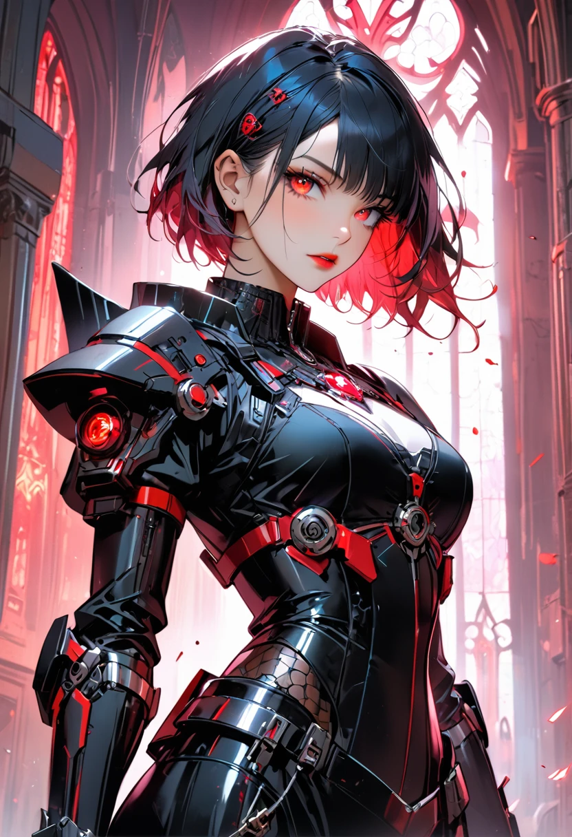 a portrait of mecha female vampire in a dark gothic cyberpunk church, an exotic exquisite beautiful mecha female vampire, dynamic hair color, short hair, dynamic eyes color, intense eyes,  glowing eyes, dynamic eyes color, wearing intricate mech armor, delicate mech armor, delicate blood veins in the armor, wearing thigh high heeled boots, dark gothic cyberpunk church background, vibrant, Ultra-high resolution, High Contrast, (masterpiece:1.5), highest quality, Best aesthetics), best details, best quality, highres, 16k, (ultra detailed: 1.5), masterpiece, best quality, (extremely detailed) RAW, (ultra details, Masterpiece, best quality), 