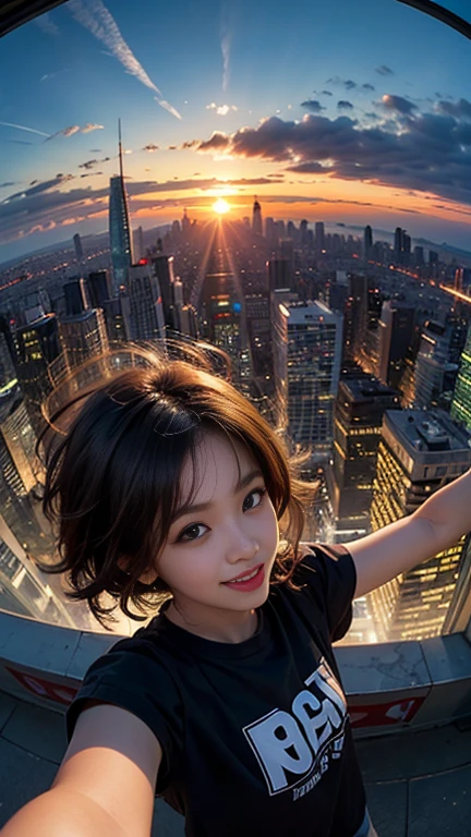 One girl, Korean, Fisheye Lens, Selfie, Wind, Messy Hair, sunset, Cityscape, (Aesthetics and atmosphere:1.2),smile