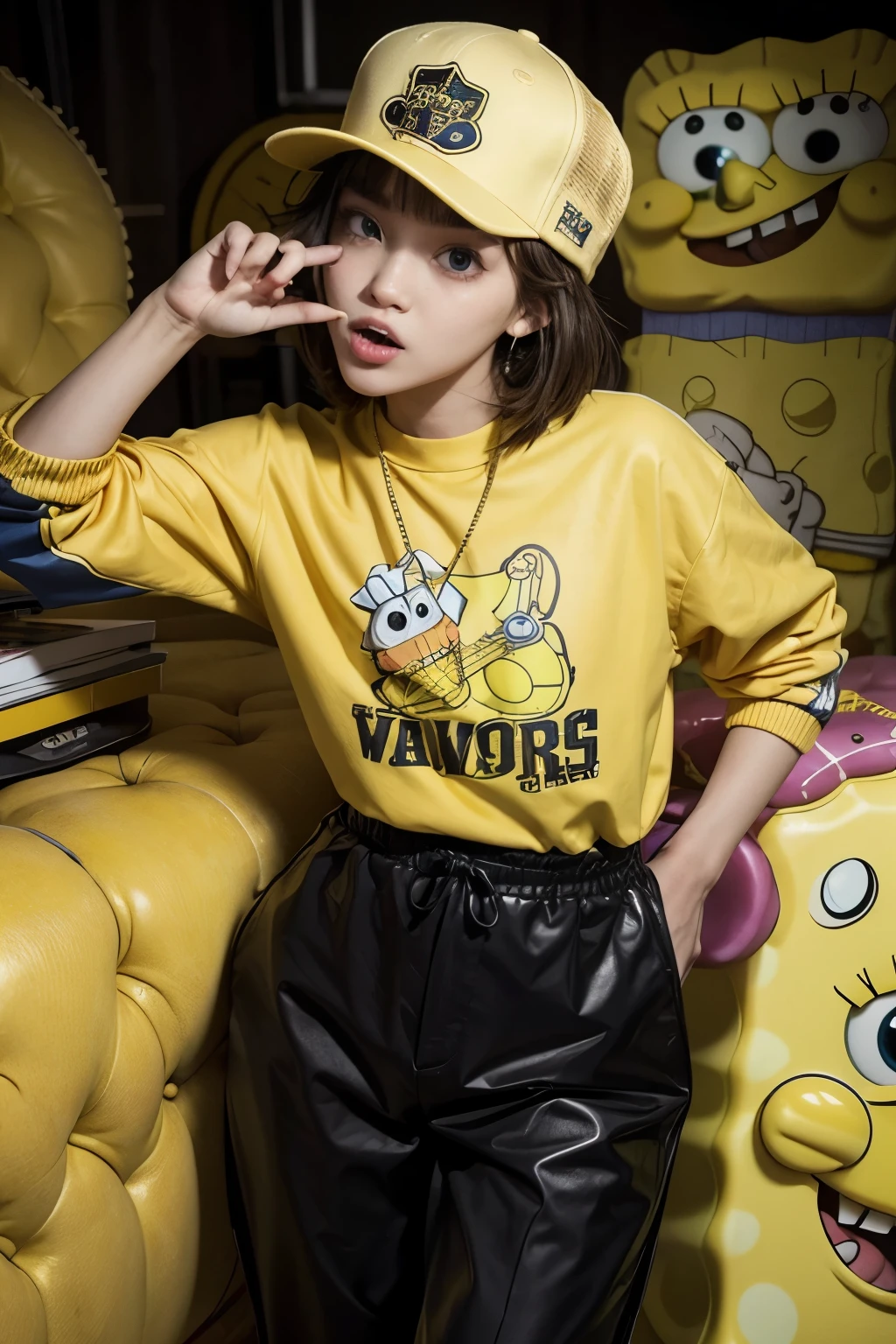 I want a picture of SpongeBob with gold teeth and haphazard clothes
