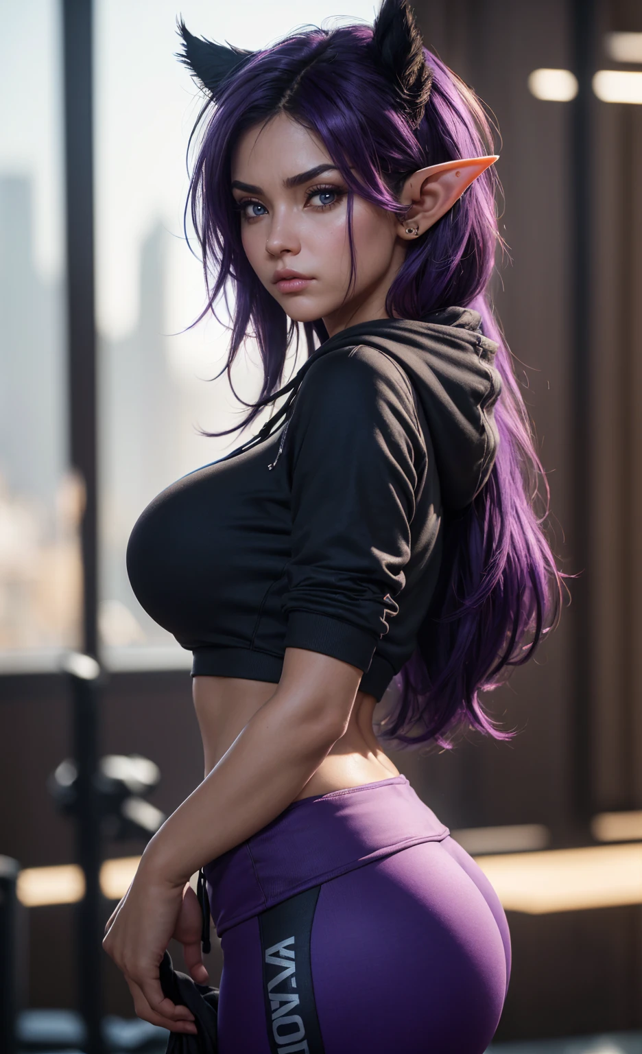 (masterpiece), (extremely intricate:1.3), (realistic), portrait of a girl, (huge breasts:1.1), the most beautiful in the world, dark eyebrows, bright purple hair, (short very shaggy and messy hair:1.2), almond eyes, scowl, (annoyed pout:1.2), blushing heavily, (blue cropped hoodie:1.1), (yoga pants:1.1), (elf ears:1.1), tanned, detailed textures, indoors, bright sunlight, gym, professional photograph of a stunning woman detailed, looking at the camera, alluring stare, detailed eyes, sharp focus, dramatic, award winning, cinematic lighting, octane render  unreal engine,  volumetrics dtx, (film grain, blurry background, blurry foreground, bokeh, depth of field, motion blur:1.3)