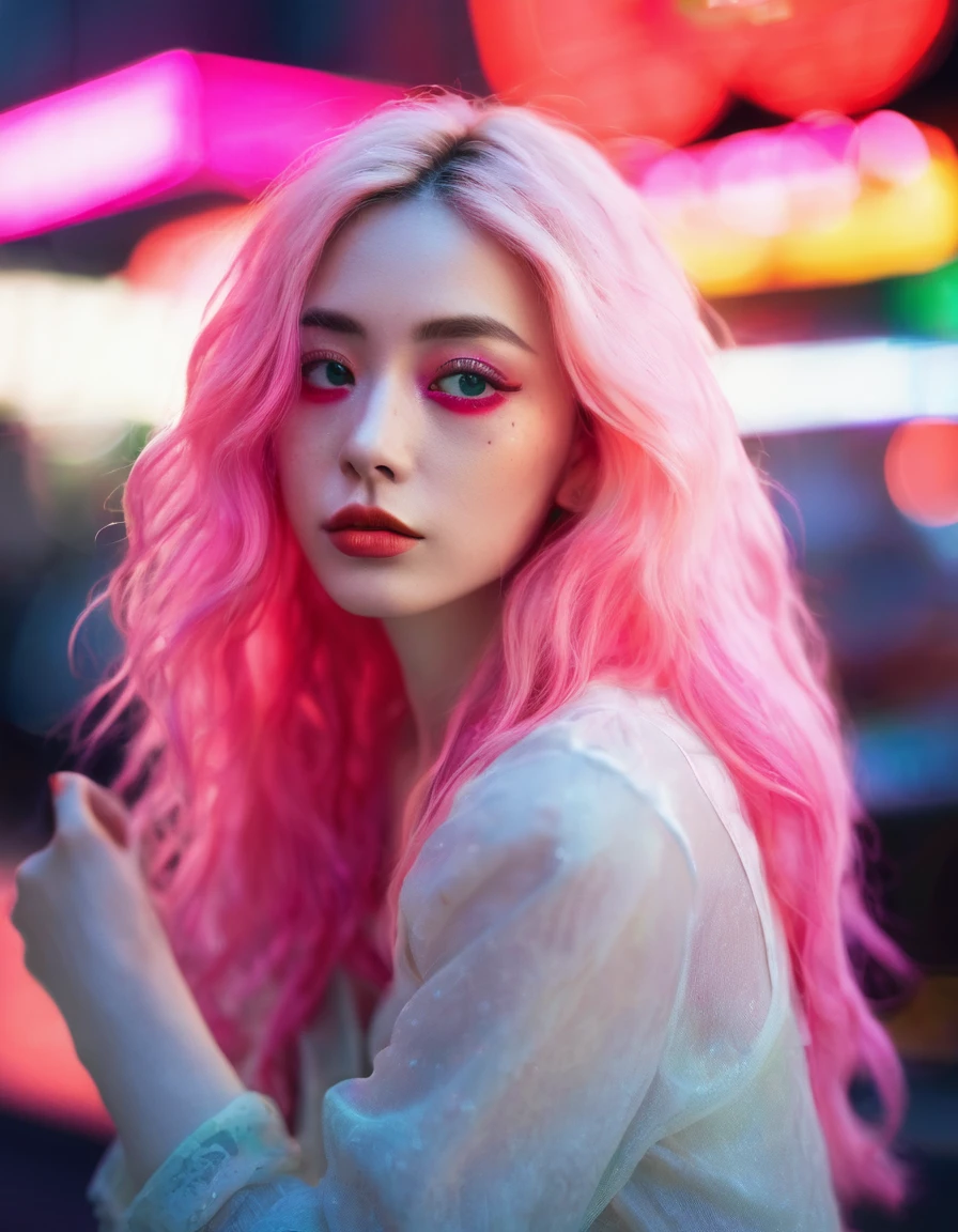 Beautiful woman with long pink hair( Unconventional Fashion), There is a red flower in front of her、Covering one eye and part of the face。., Natural light,Sitting in the neon lights of New York , summer、Bright colors, Bokeh style, Styles of ultra-fine details, High quality photos,long range shooting
