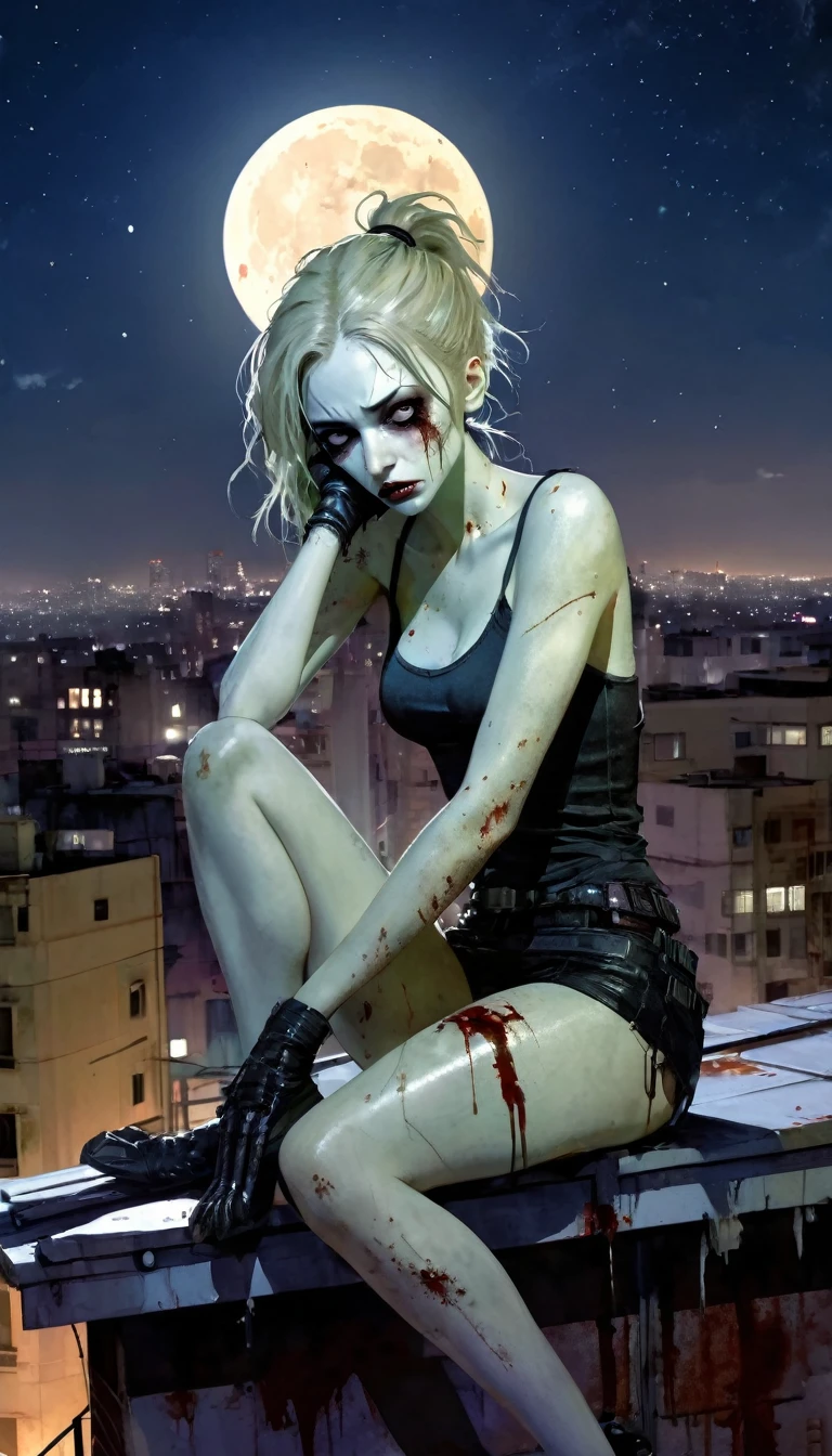 a woman looks like a zombie sitting on the roof, 1 girl, masterpiece, best quality, best quality, full body, bionic skin, pale skin, dead eyes, bionic face, blank stare, scars, blood, damage, hairs, cry, finely detailed, extremely detailed CG unity 8k wallpaper, night sky with stars and moon, empty city, emotional impact, Bill Sienkiewicz inspired art